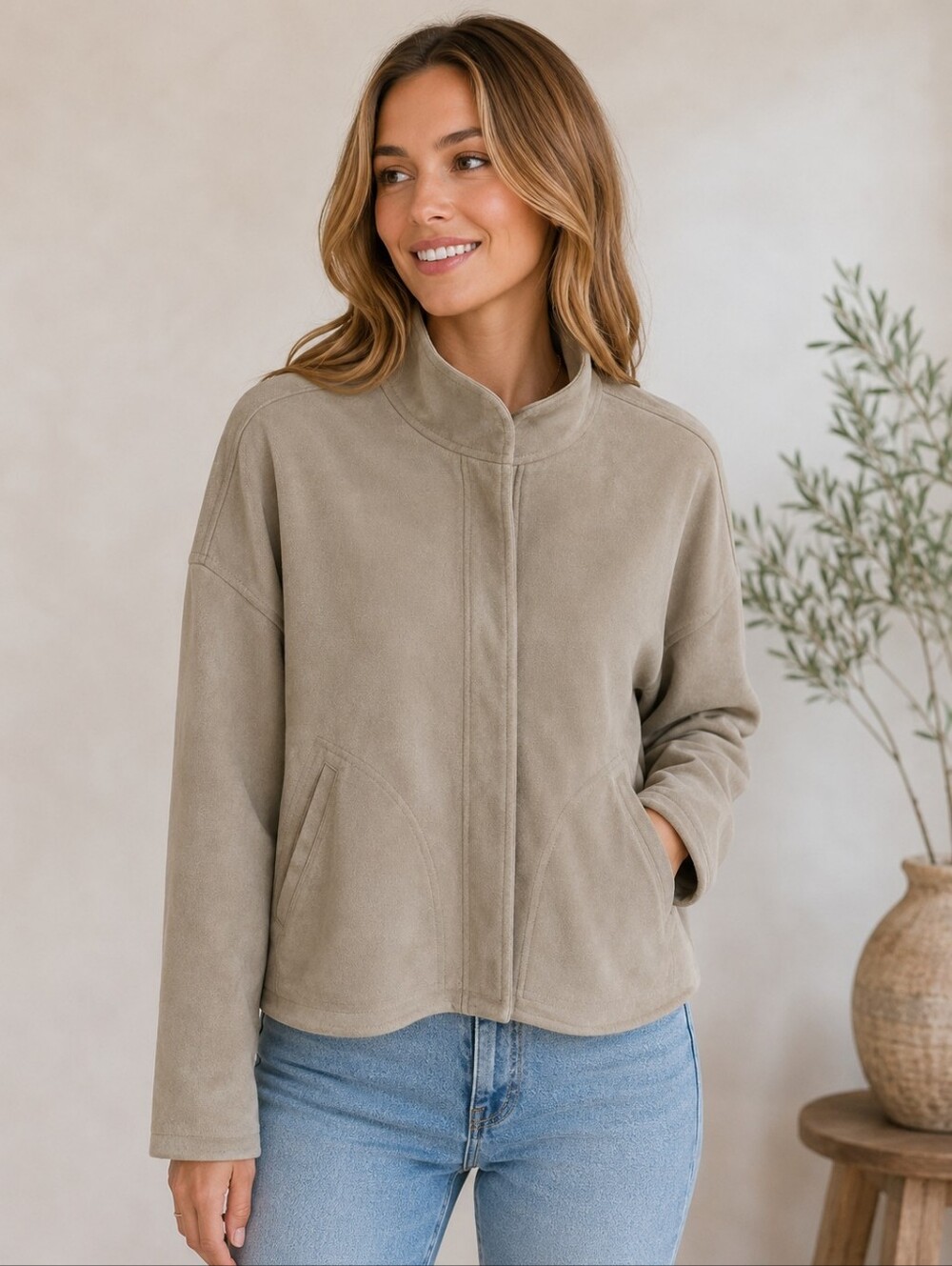 Max Studio London Faux Suede  bomber jacket design Sz M NWT Color Beige